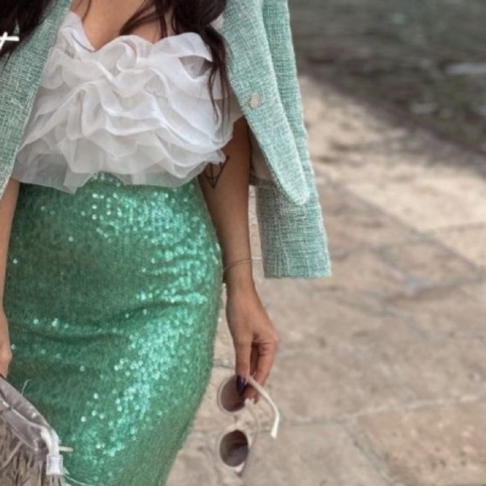 ZARA Sea Green Sequin Lace Pencil Skirt - Picture 16 of 16